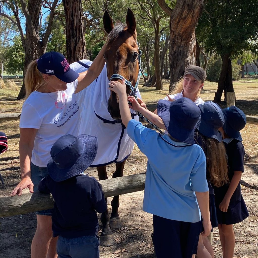 Group of students petting a horse